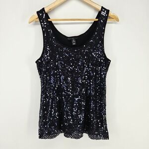 H&M Tank Top Womens Medium Black Sequin Embellished Sleeveless Party Club y2k